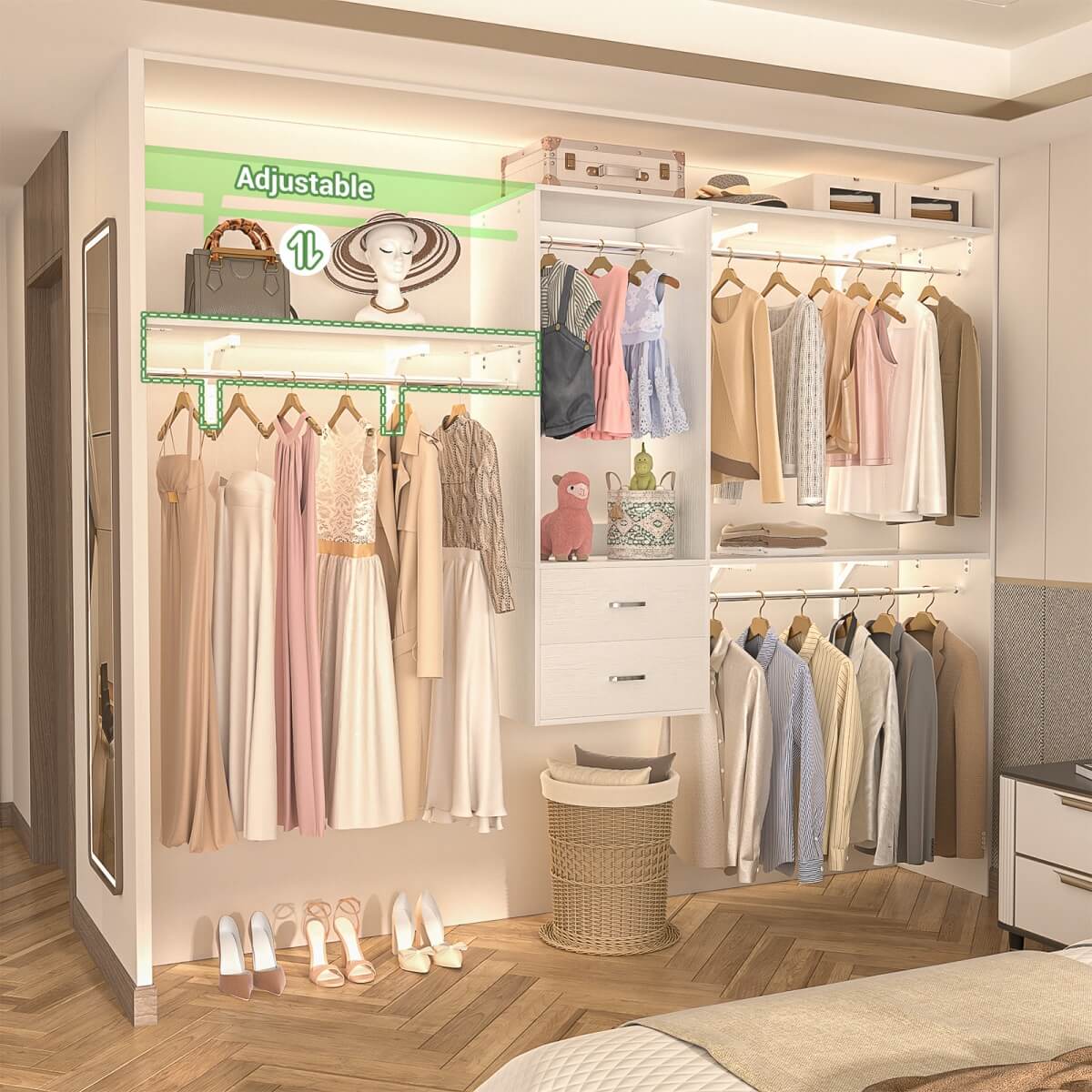 20-90 Inch Wall Mounted Closet System with 2 Wooden Drawers for Clothes Hanging