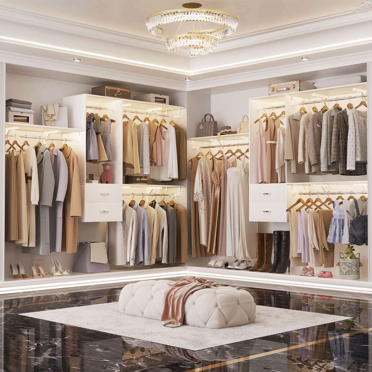 20-90 Inch Wall Mounted Closet System with 2 Wooden Drawers for Clothes Hanging