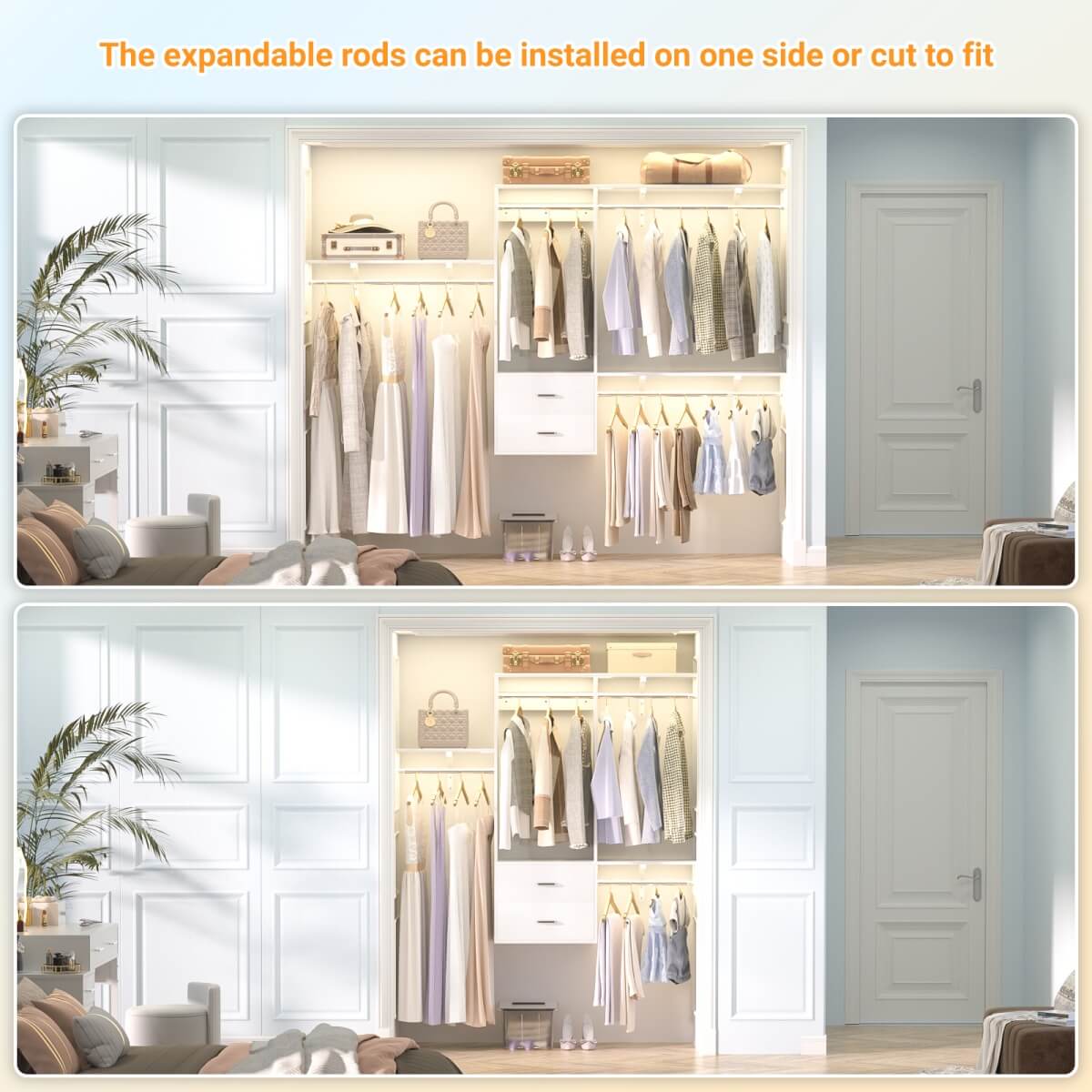 20-90 Inch Wall Mounted Closet System with 2 Wooden Drawers for Clothes Hanging