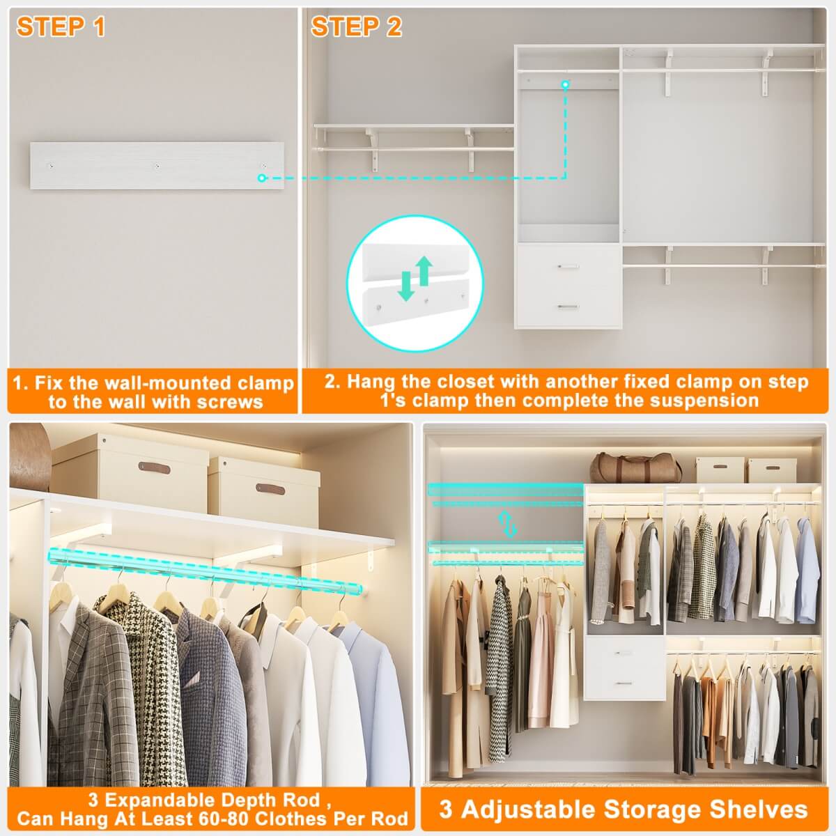 20-90 Inch Wall Mounted Closet System with 2 Wooden Drawers for Clothes Hanging