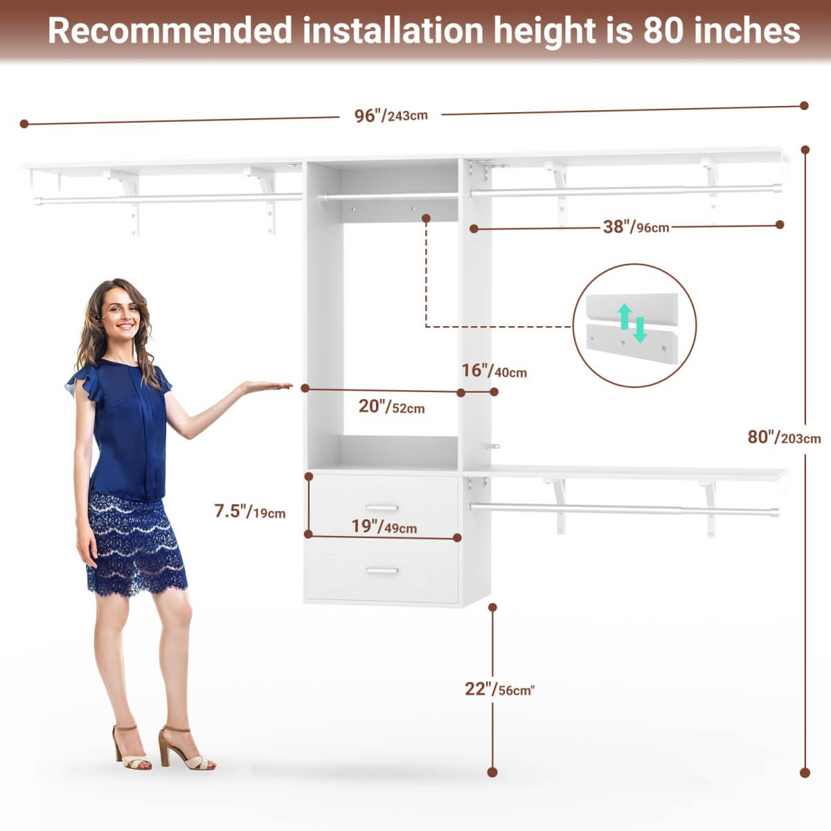 20-90 Inch Wall Mounted Closet System with 2 Wooden Drawers for Clothes Hanging