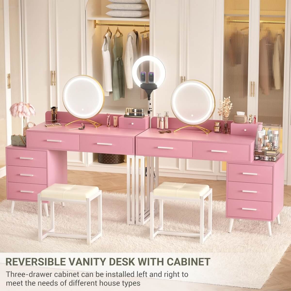 Makeup Vanity Desk with Mirror, Lights and 6 Storage Drawers