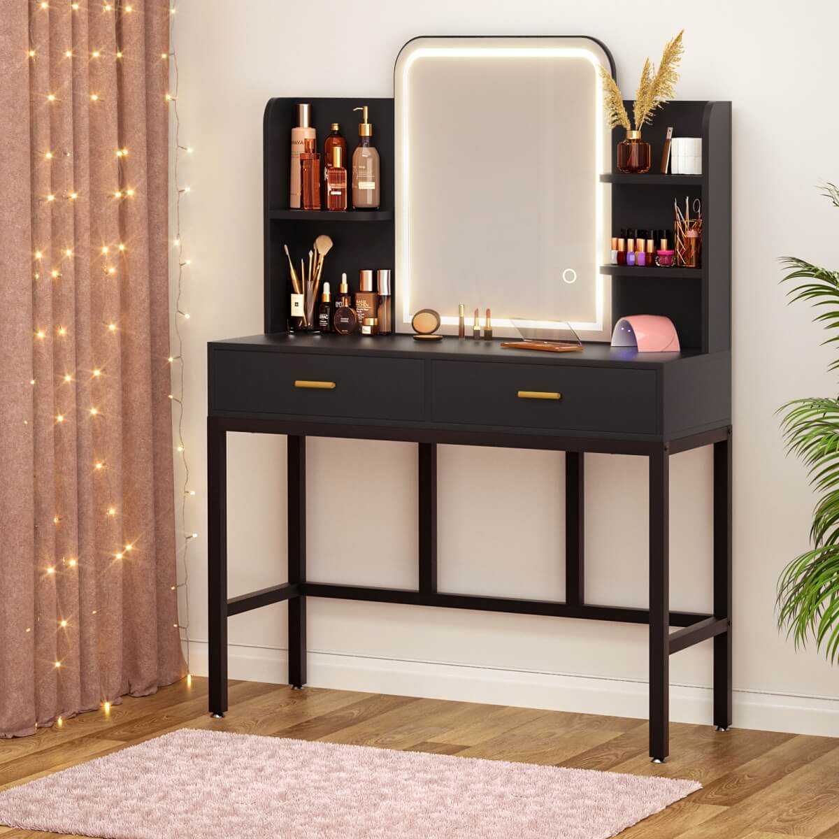 Vanity Desk with Mirror and LED Lights, with 2 Drawers and Storage Shelves