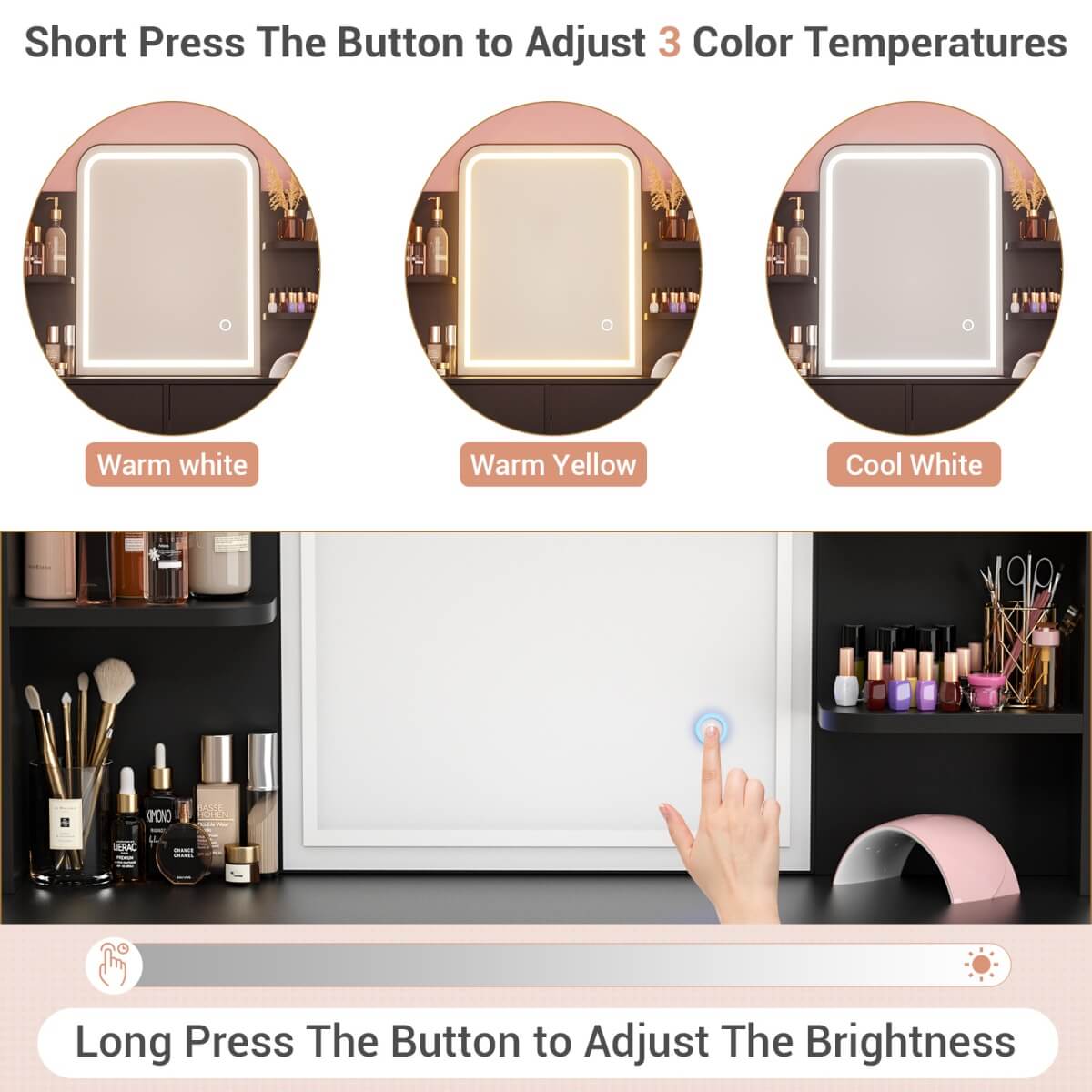 Vanity Desk with Mirror and LED Lights, with 2 Drawers and Storage Shelves