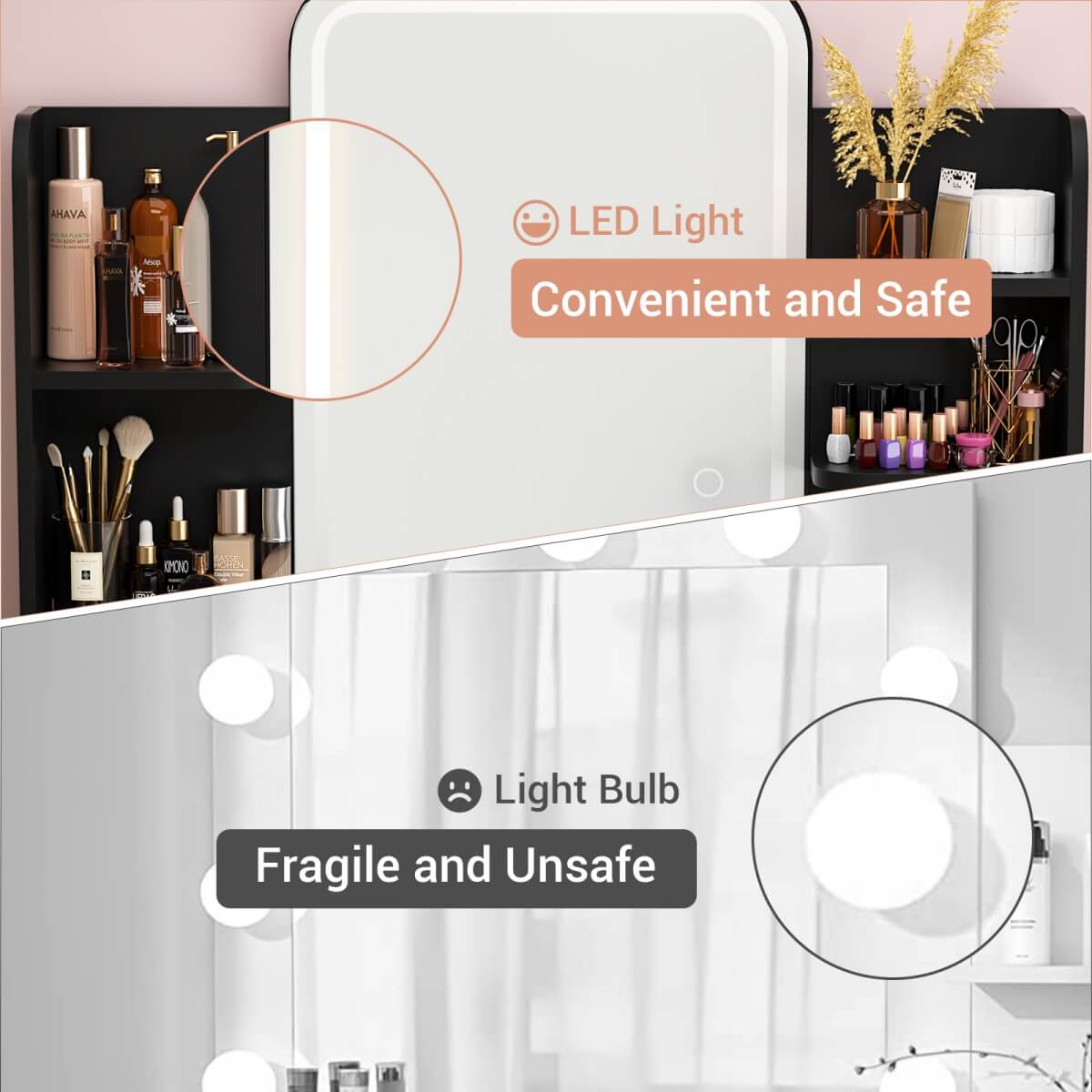 Vanity Desk with Mirror and LED Lights, with 2 Drawers and Storage Shelves