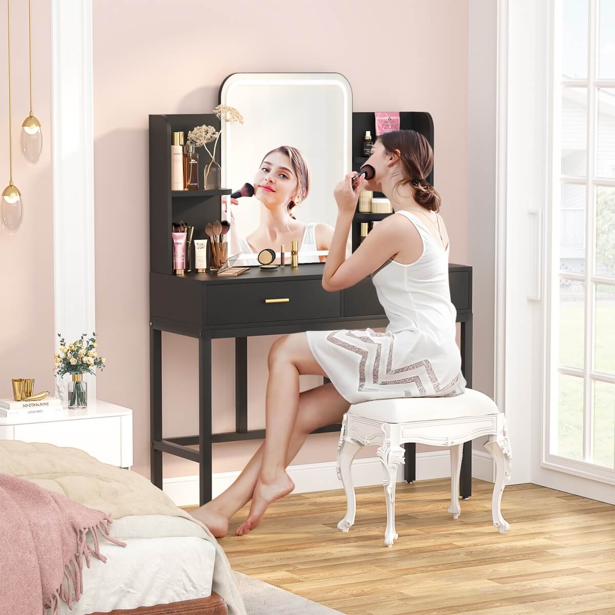 Vanity Desk with Mirror and LED Lights, with 2 Drawers and Storage Shelves