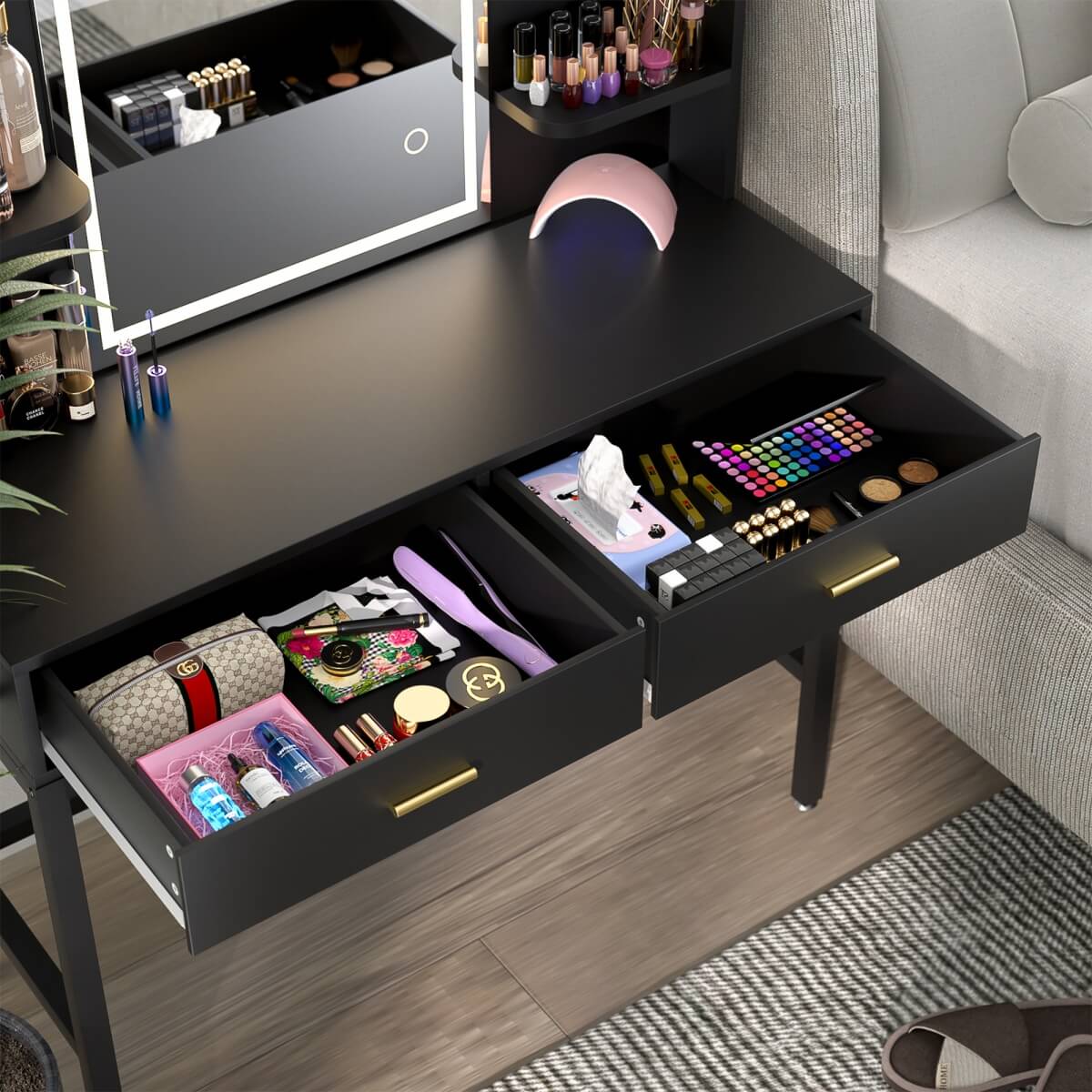Vanity Desk with Mirror and LED Lights, with 2 Drawers and Storage Shelves