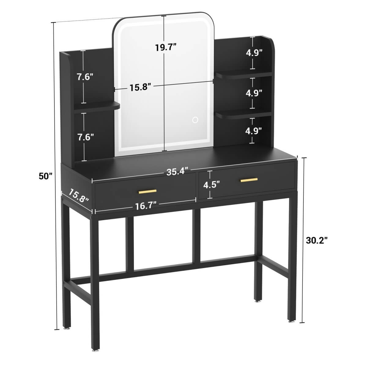 Vanity Desk with Mirror and LED Lights, with 2 Drawers and Storage Shelves