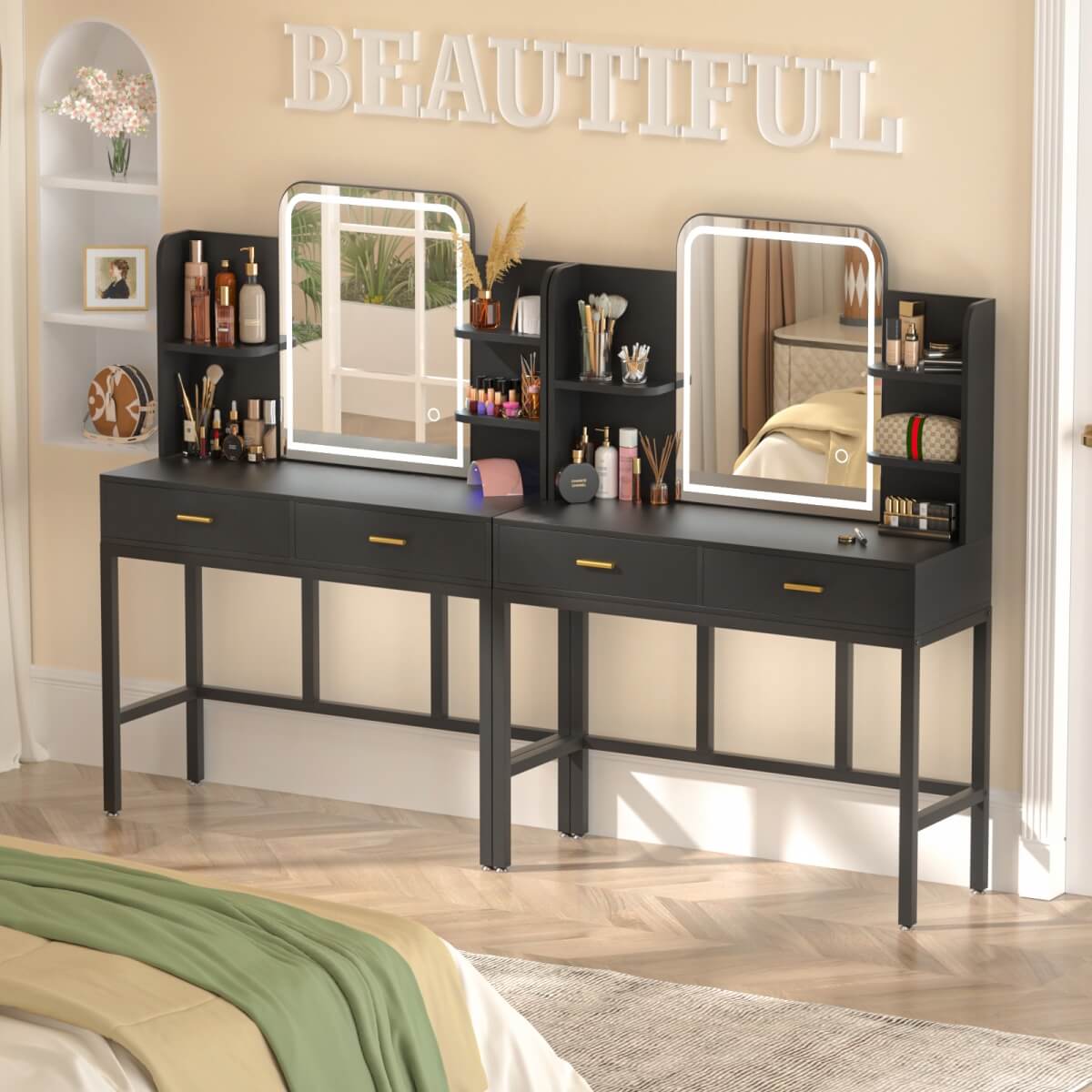 Vanity Desk with Mirror and LED Lights, with 2 Drawers and Storage Shelves