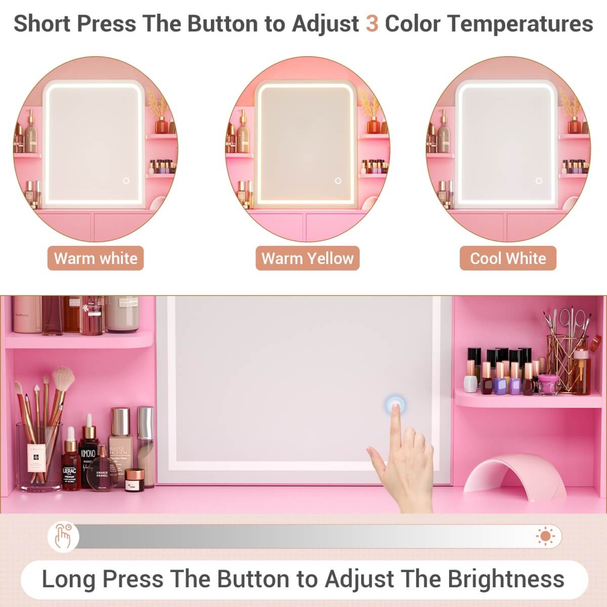Vanity Desk with Mirror and LED Lights, with 2 Drawers and Storage Shelves