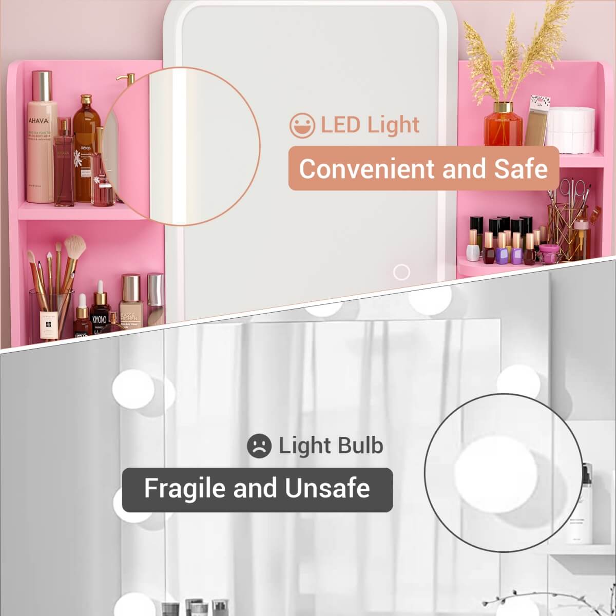 Vanity Desk with Mirror and LED Lights, with 2 Drawers and Storage Shelves