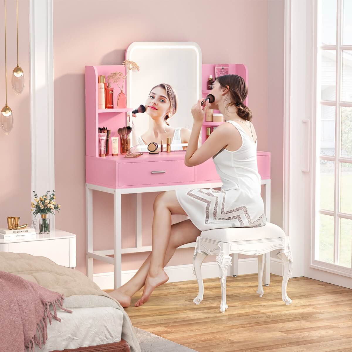 Vanity Desk with Mirror and LED Lights, with 2 Drawers and Storage Shelves