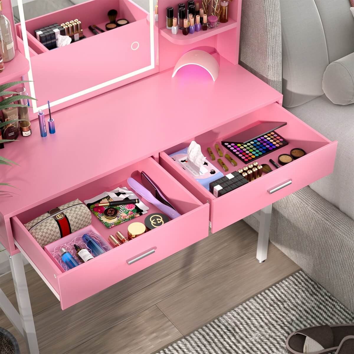 Vanity Desk with Mirror and LED Lights, with 2 Drawers and Storage Shelves