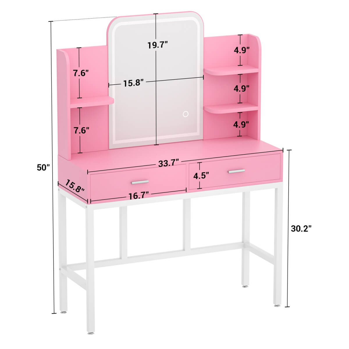 Vanity Desk with Mirror and LED Lights, with 2 Drawers and Storage Shelves