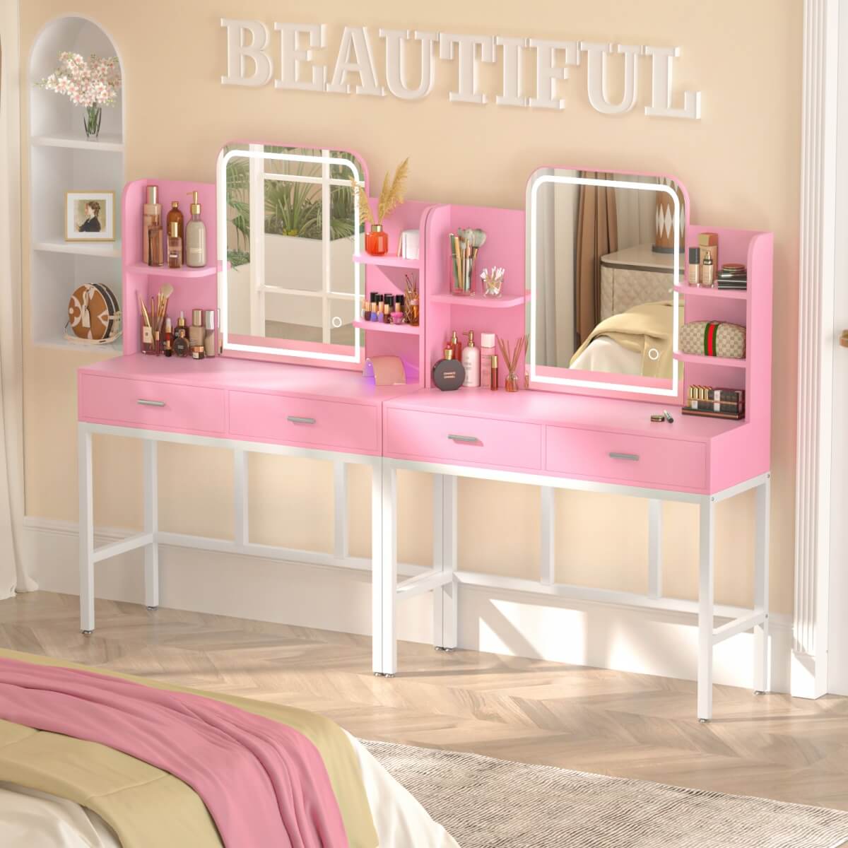 Vanity Desk with Mirror and LED Lights, with 2 Drawers and Storage Shelves