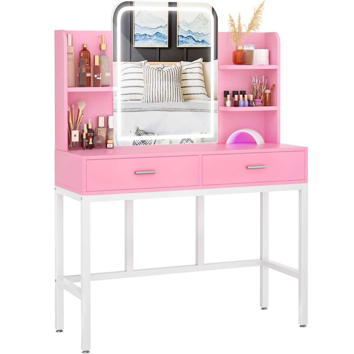 Vanity Desk with Mirror and LED Lights, with 2 Drawers and Storage Shelves