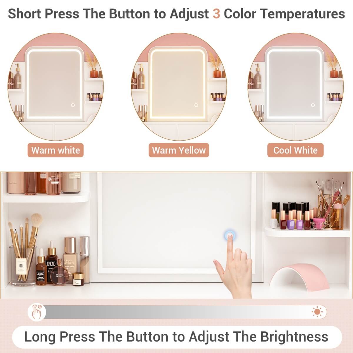 Vanity Desk with Mirror and LED Lights, with 2 Drawers and Storage Shelves