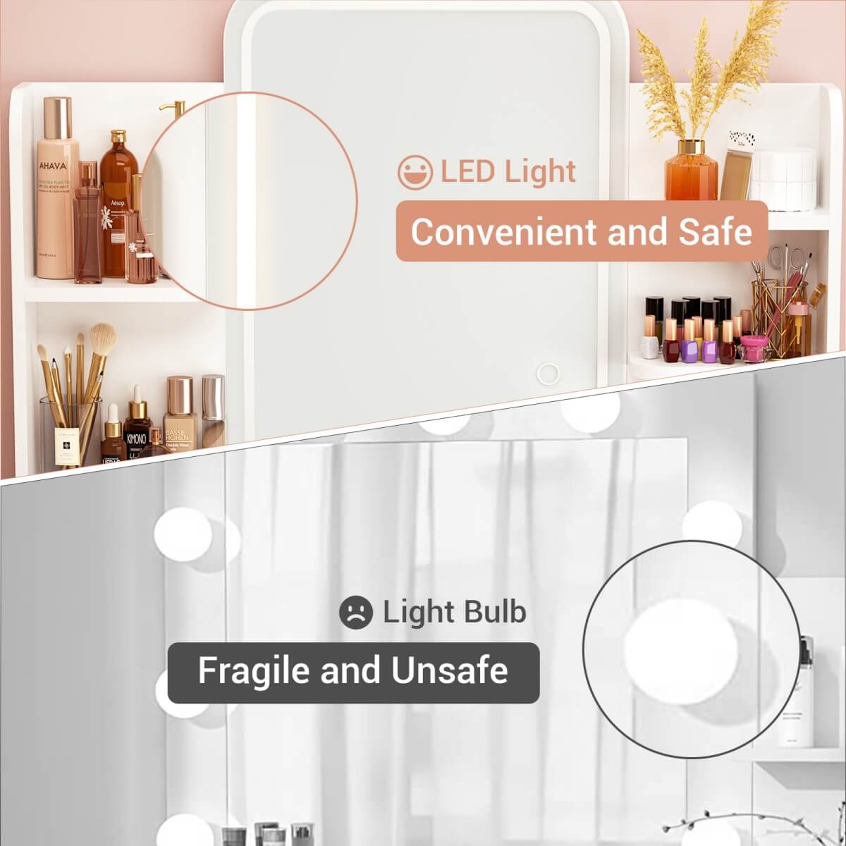 Vanity Desk with Mirror and LED Lights, with 2 Drawers and Storage Shelves