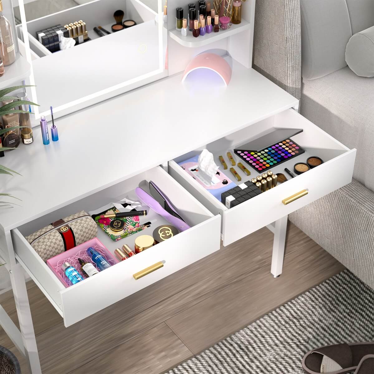 Vanity Desk with Mirror and LED Lights, with 2 Drawers and Storage Shelves