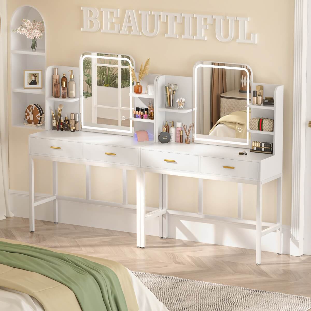 Vanity Desk with Mirror and LED Lights, with 2 Drawers and Storage Shelves