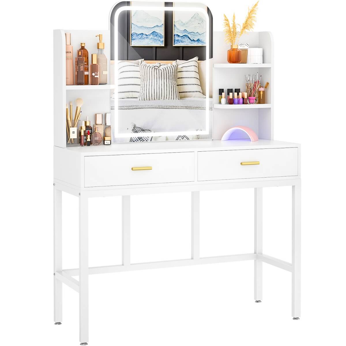 Vanity Desk with Mirror and LED Lights, with 2 Drawers and Storage Shelves