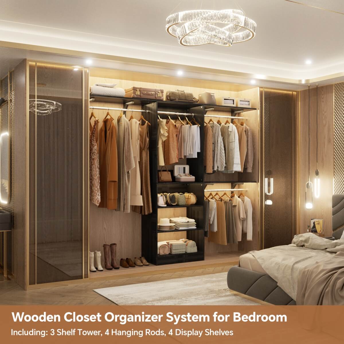 96'' Closet System with 3 Shelving Towers, Hanging Rods & 5 Storage Shelves