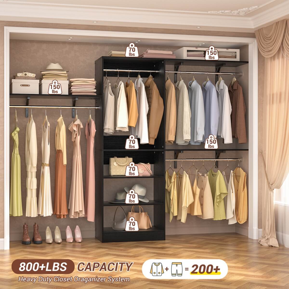 96'' Closet System with 3 Shelving Towers, Hanging Rods & 5 Storage Shelves