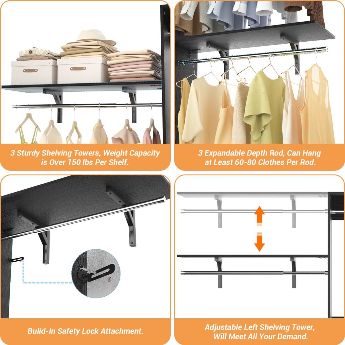 96'' Closet System with 3 Shelving Towers, Hanging Rods & 5 Storage Shelves