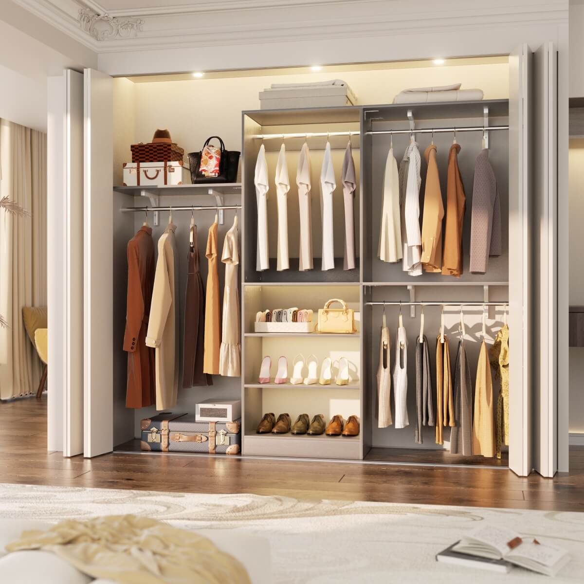96'' Closet System with 3 Shelving Towers, Hanging Rods & 5 Storage Shelves