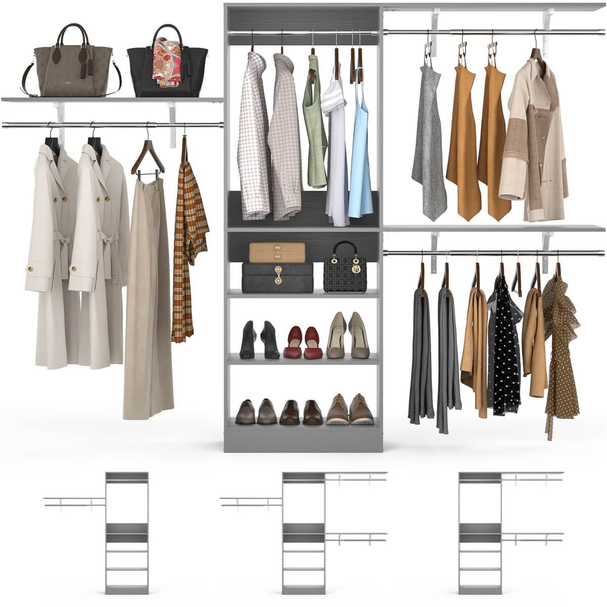 96'' Closet System with 3 Shelving Towers, Hanging Rods & 5 Storage Shelves