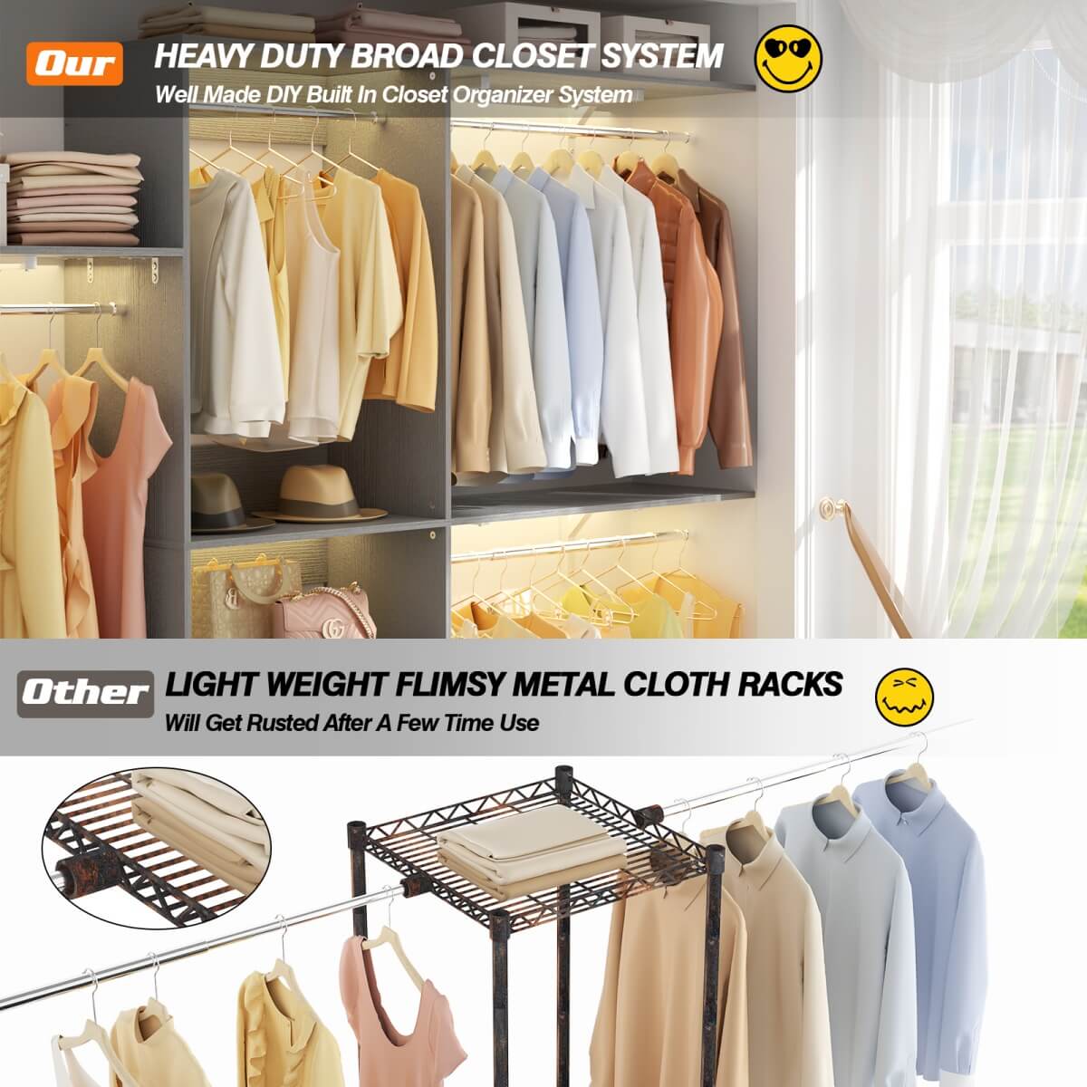 96'' Closet System with 3 Shelving Towers, Hanging Rods & 5 Storage Shelves