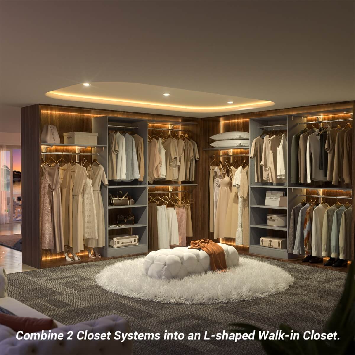 96'' Closet System with 3 Shelving Towers, Hanging Rods & 5 Storage Shelves