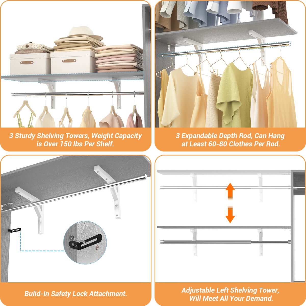 96'' Closet System with 3 Shelving Towers, Hanging Rods & 5 Storage Shelves