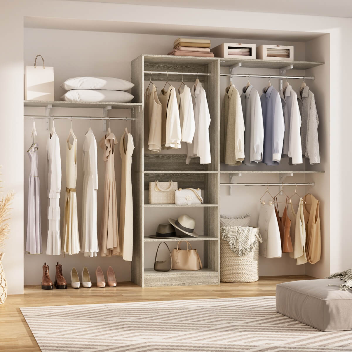 96'' Closet System with 3 Shelving Towers, Hanging Rods & 5 Storage Shelves