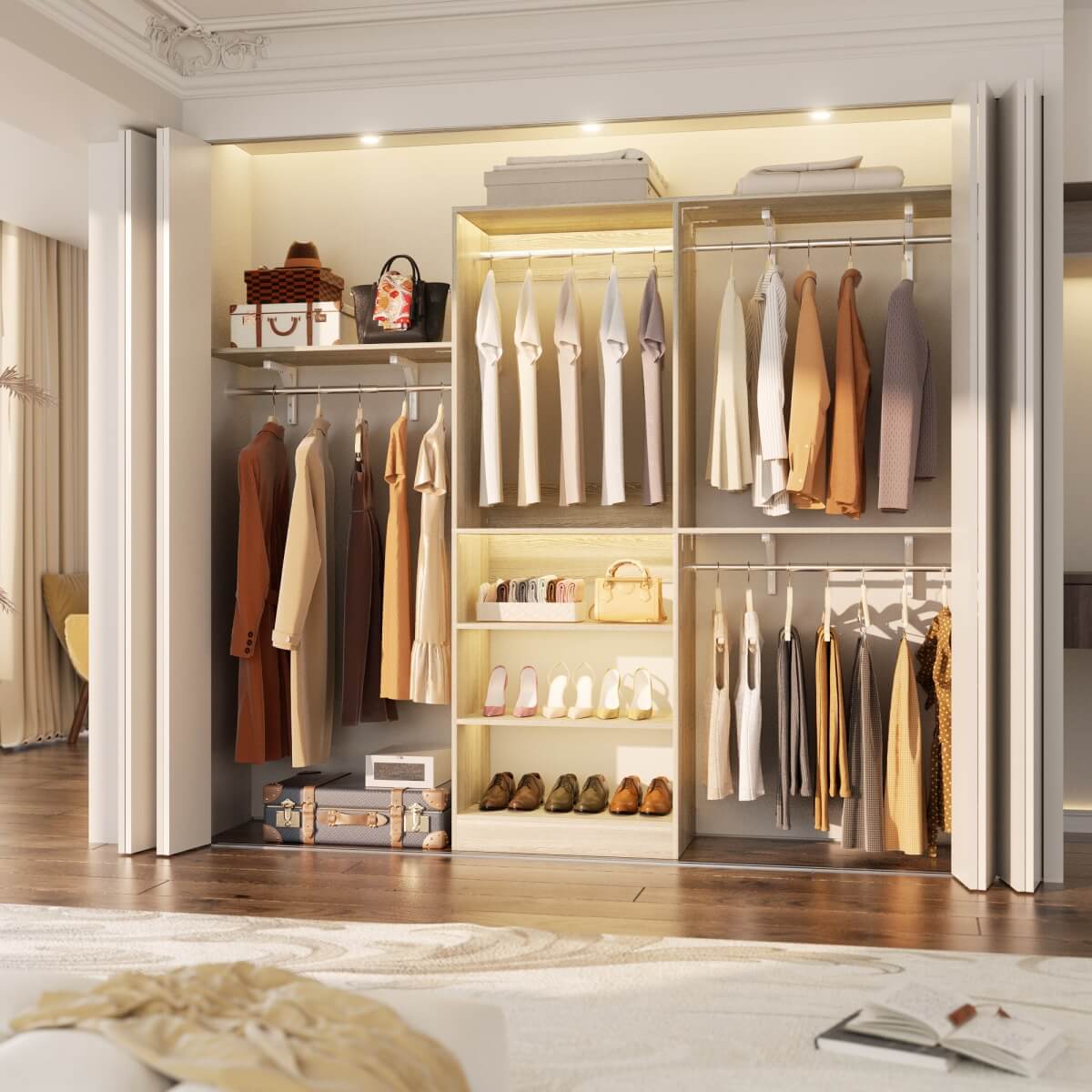 96'' Closet System with 3 Shelving Towers, Hanging Rods & 5 Storage Shelves