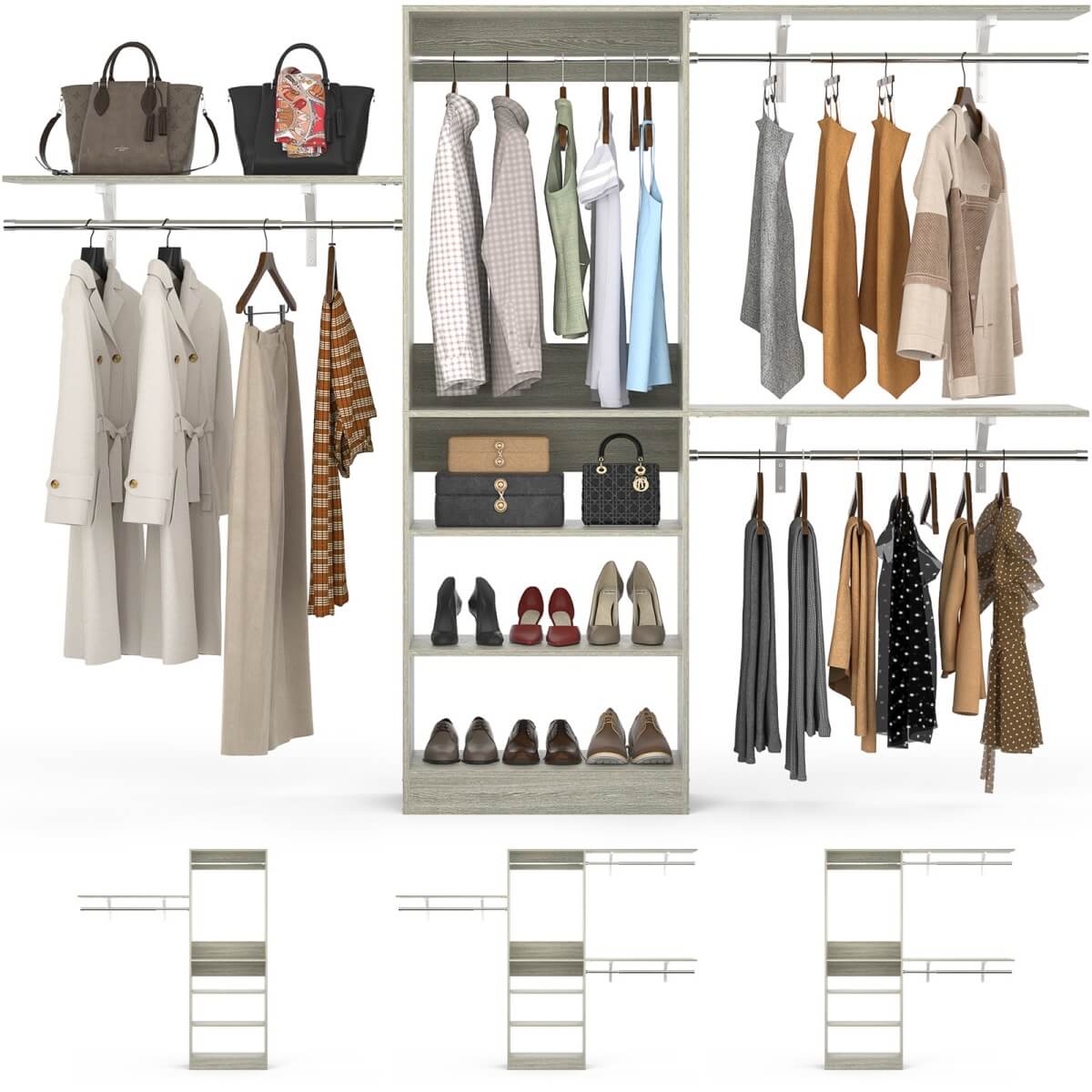 96'' Closet System with 3 Shelving Towers, Hanging Rods & 5 Storage Shelves