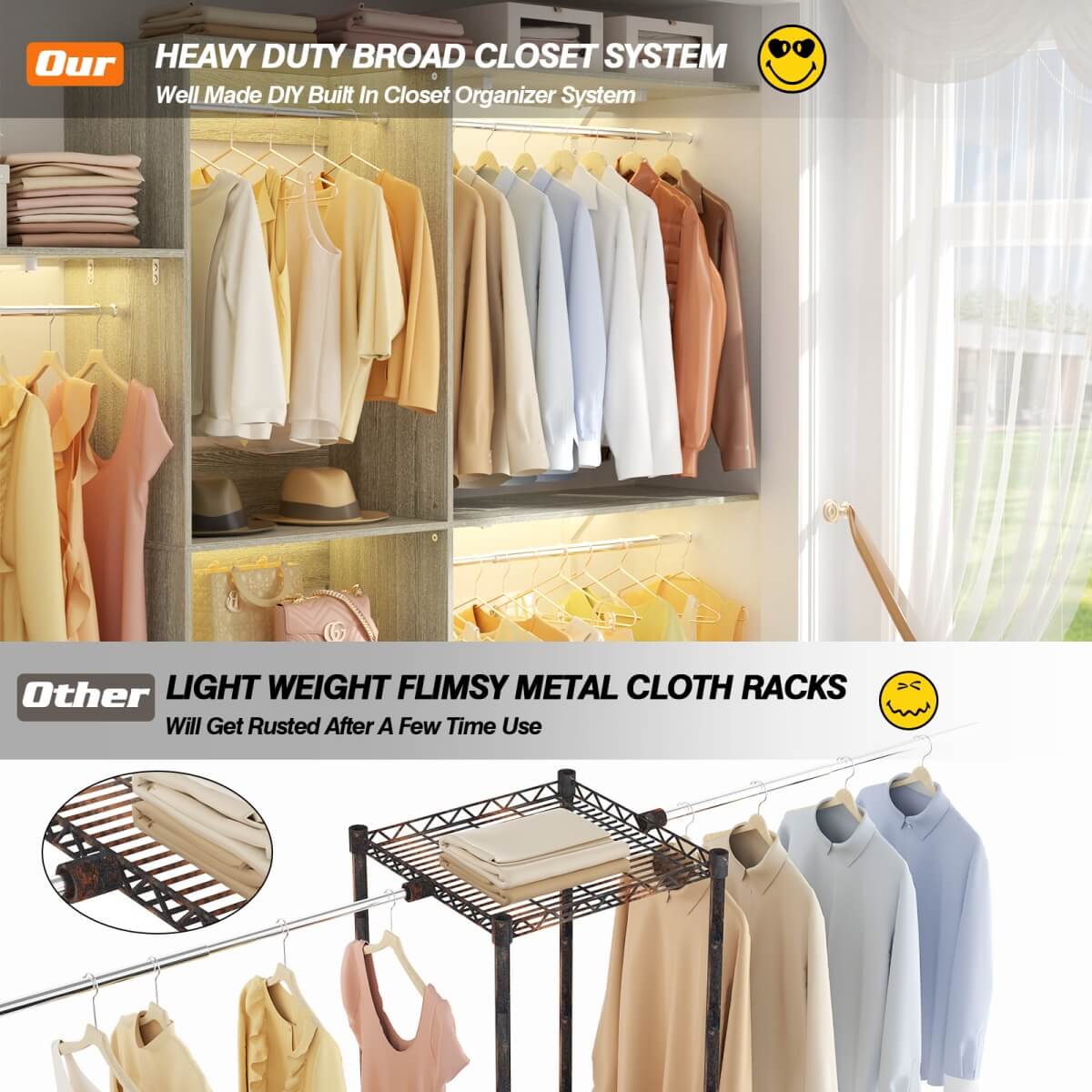 96'' Closet System with 3 Shelving Towers, Hanging Rods & 5 Storage Shelves