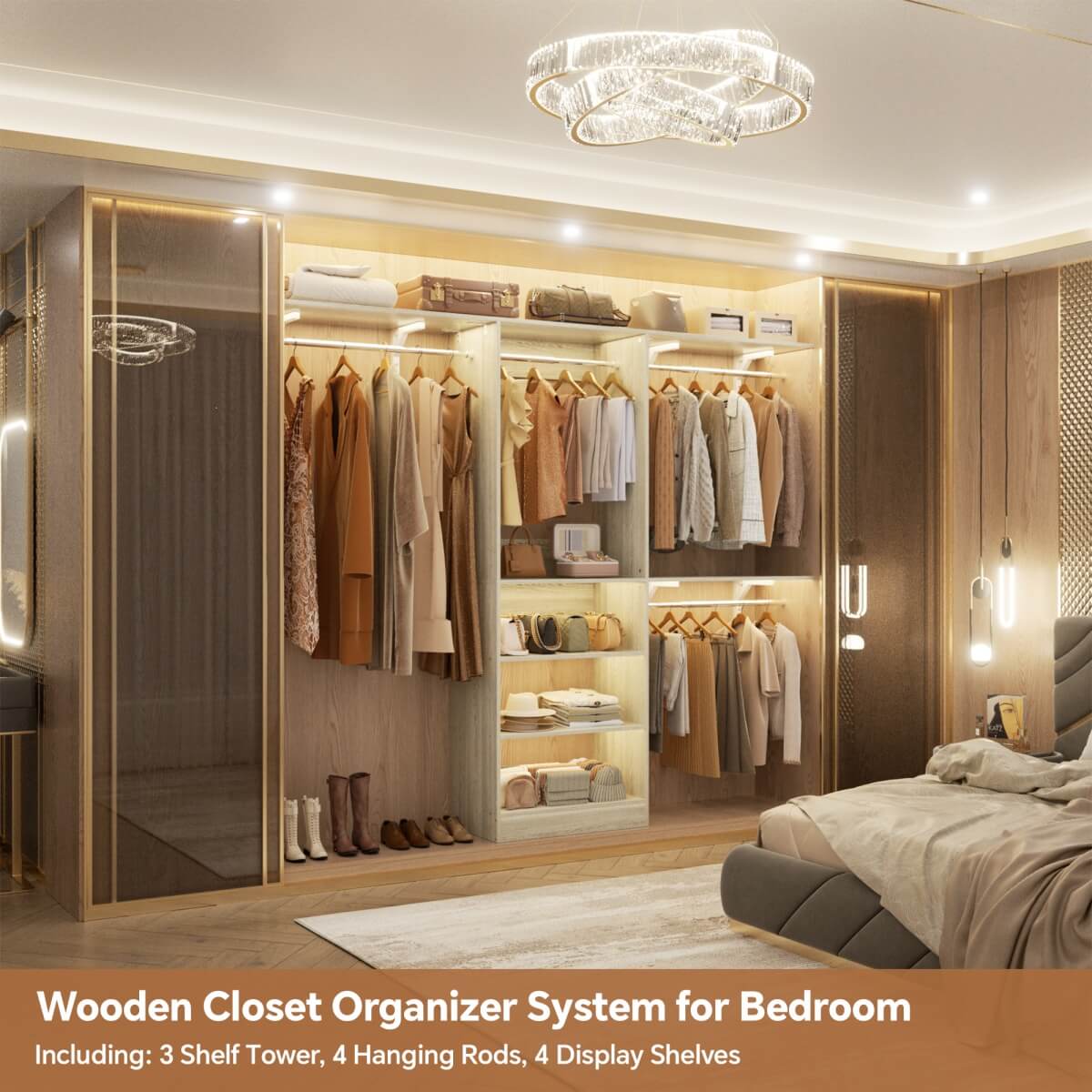96'' Closet System with 3 Shelving Towers, Hanging Rods & 5 Storage Shelves