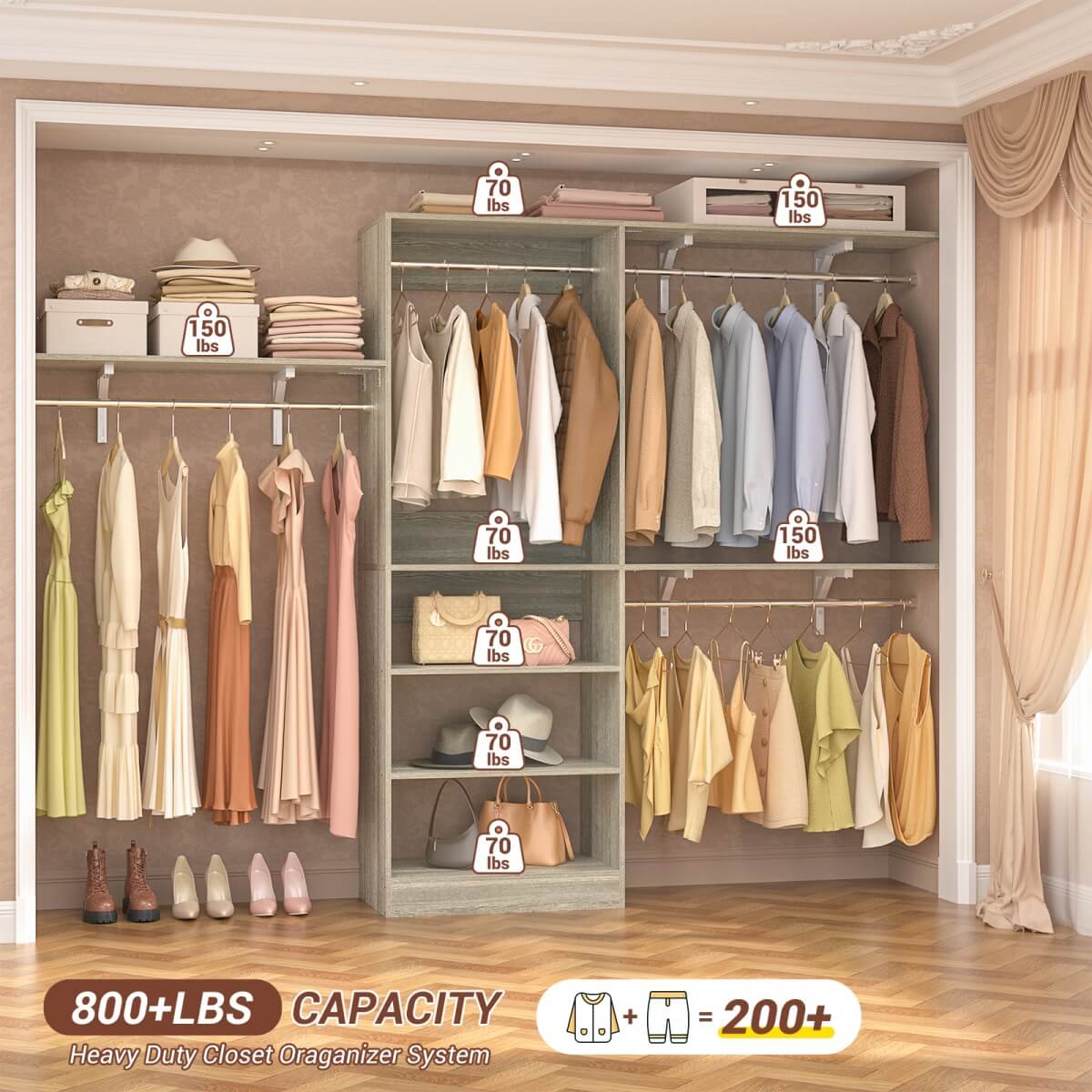 96'' Closet System with 3 Shelving Towers, Hanging Rods & 5 Storage Shelves