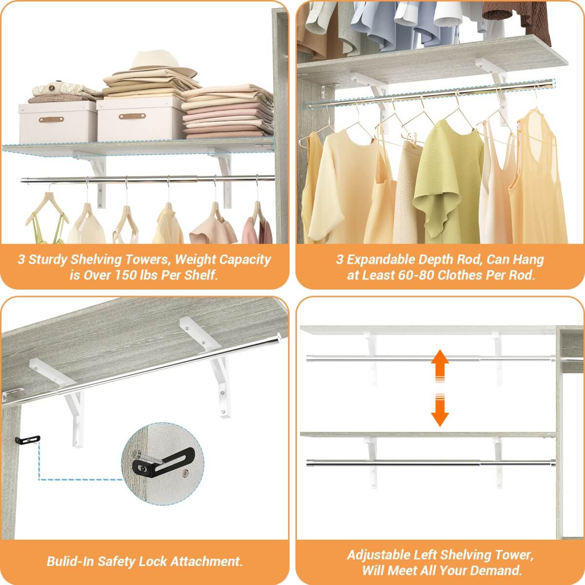 96'' Closet System with 3 Shelving Towers, Hanging Rods & 5 Storage Shelves