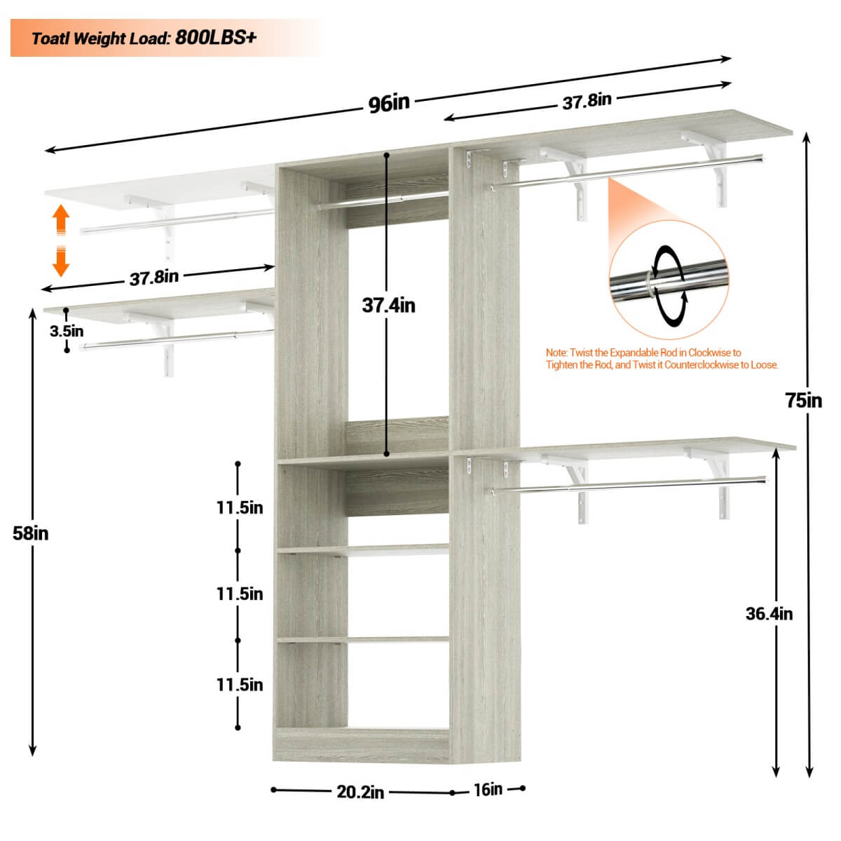 96'' Closet System with 3 Shelving Towers, Hanging Rods & 5 Storage Shelves