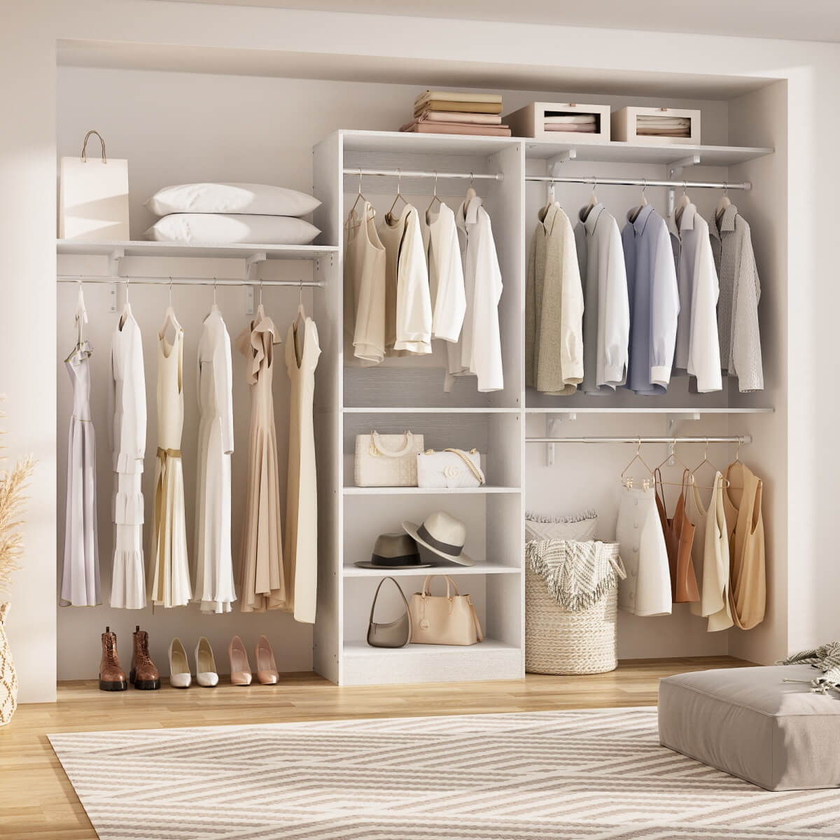 96'' Closet System with 3 Shelving Towers, Hanging Rods & 5 Storage Shelves