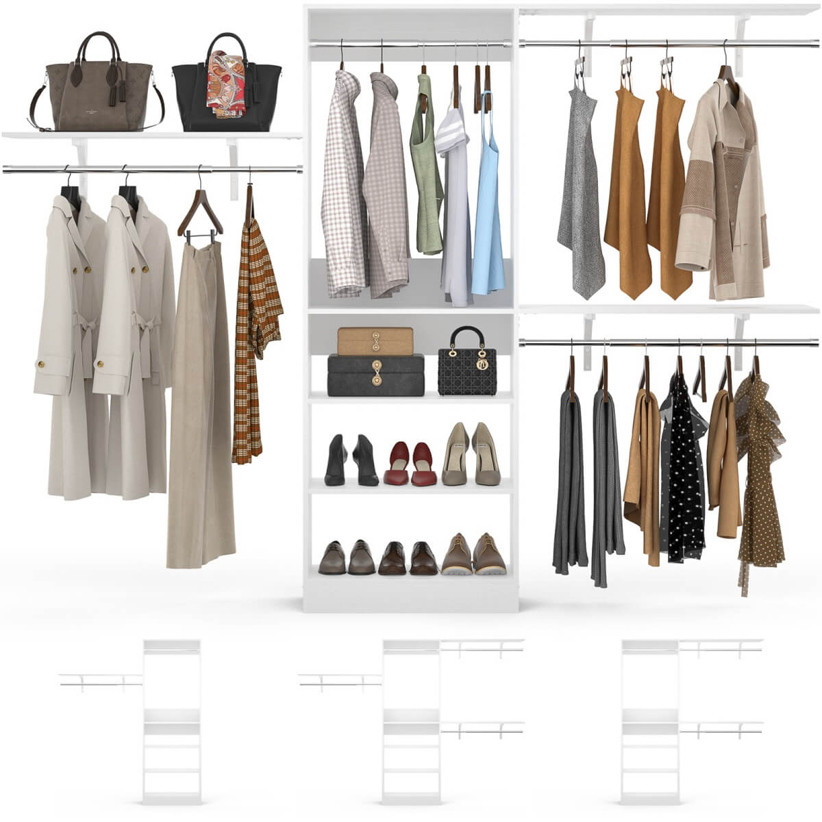 96'' Closet System with 3 Shelving Towers, Hanging Rods & 5 Storage Shelves