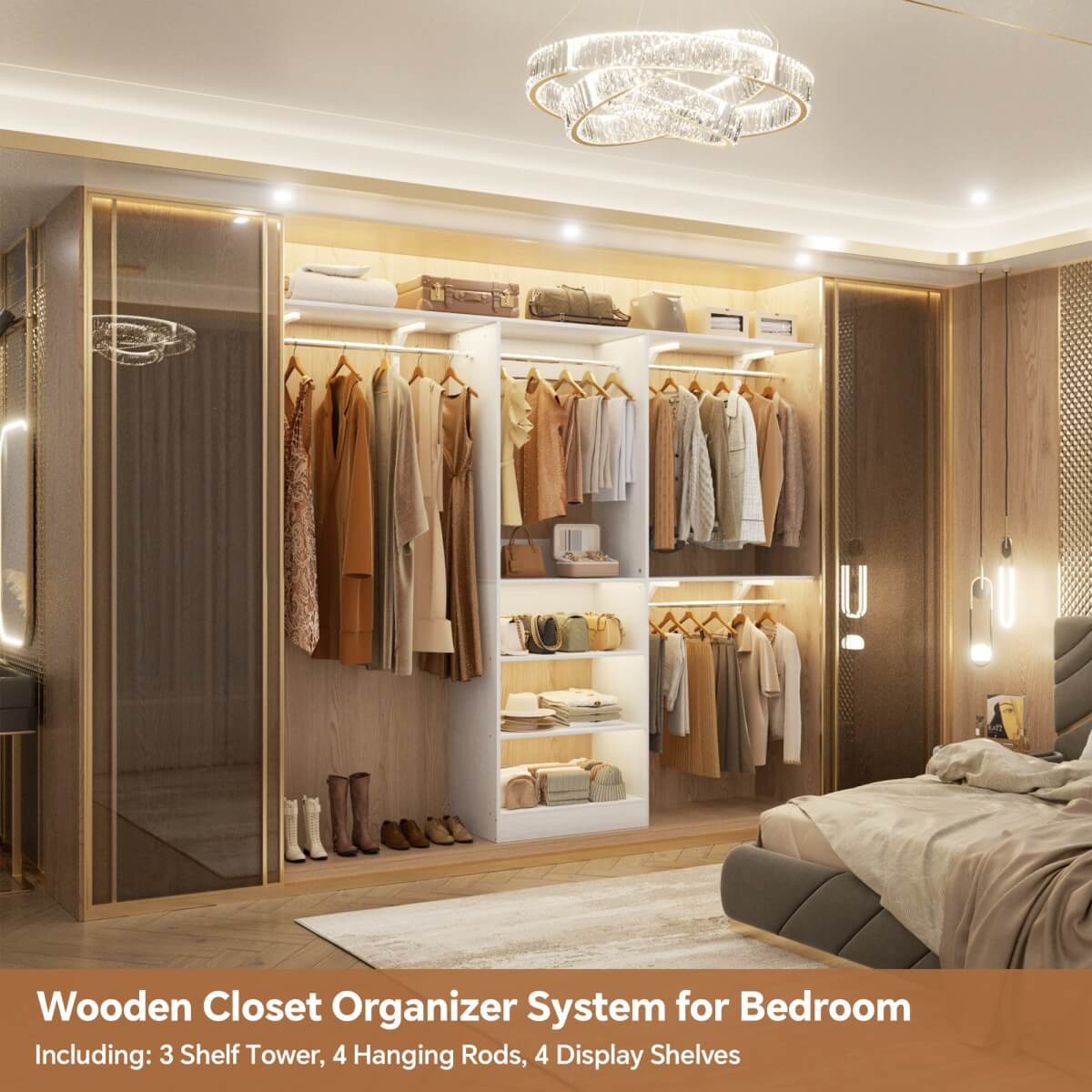96'' Closet System with 3 Shelving Towers, Hanging Rods & 5 Storage Shelves