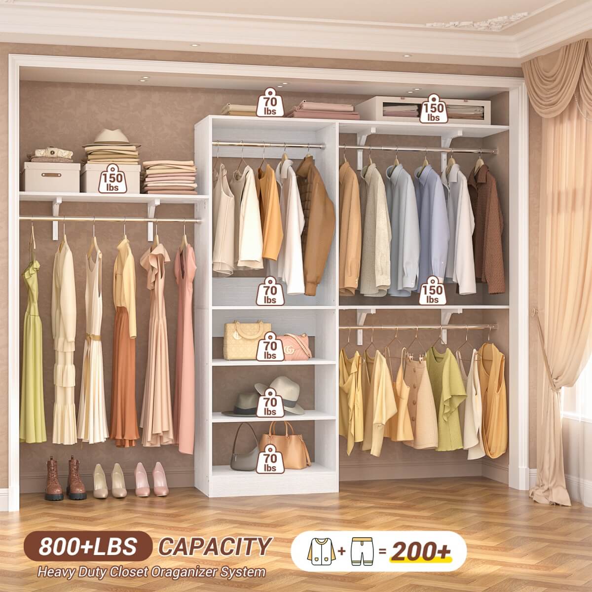 96'' Closet System with 3 Shelving Towers, Hanging Rods & 5 Storage Shelves