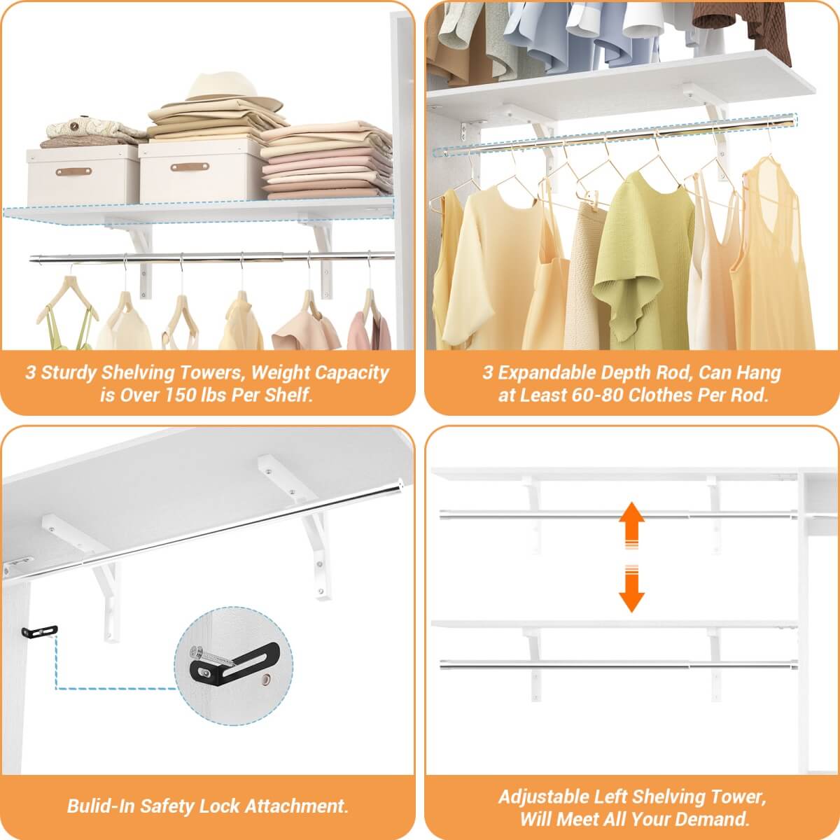 96'' Closet System with 3 Shelving Towers, Hanging Rods & 5 Storage Shelves