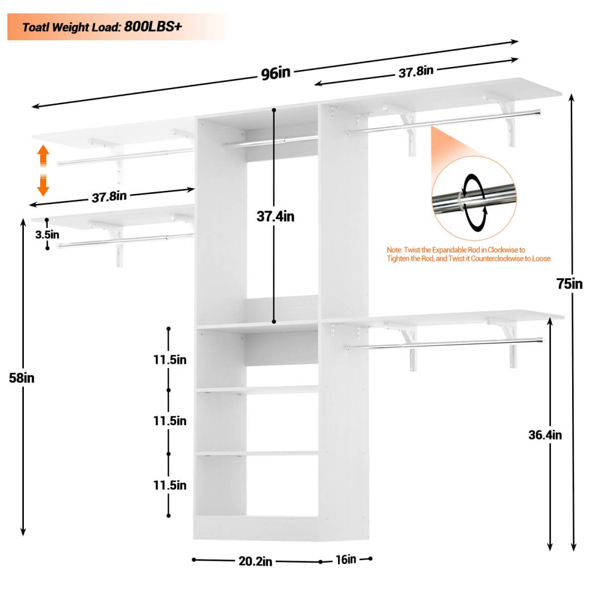 96'' Closet System with 3 Shelving Towers, Hanging Rods & 5 Storage Shelves
