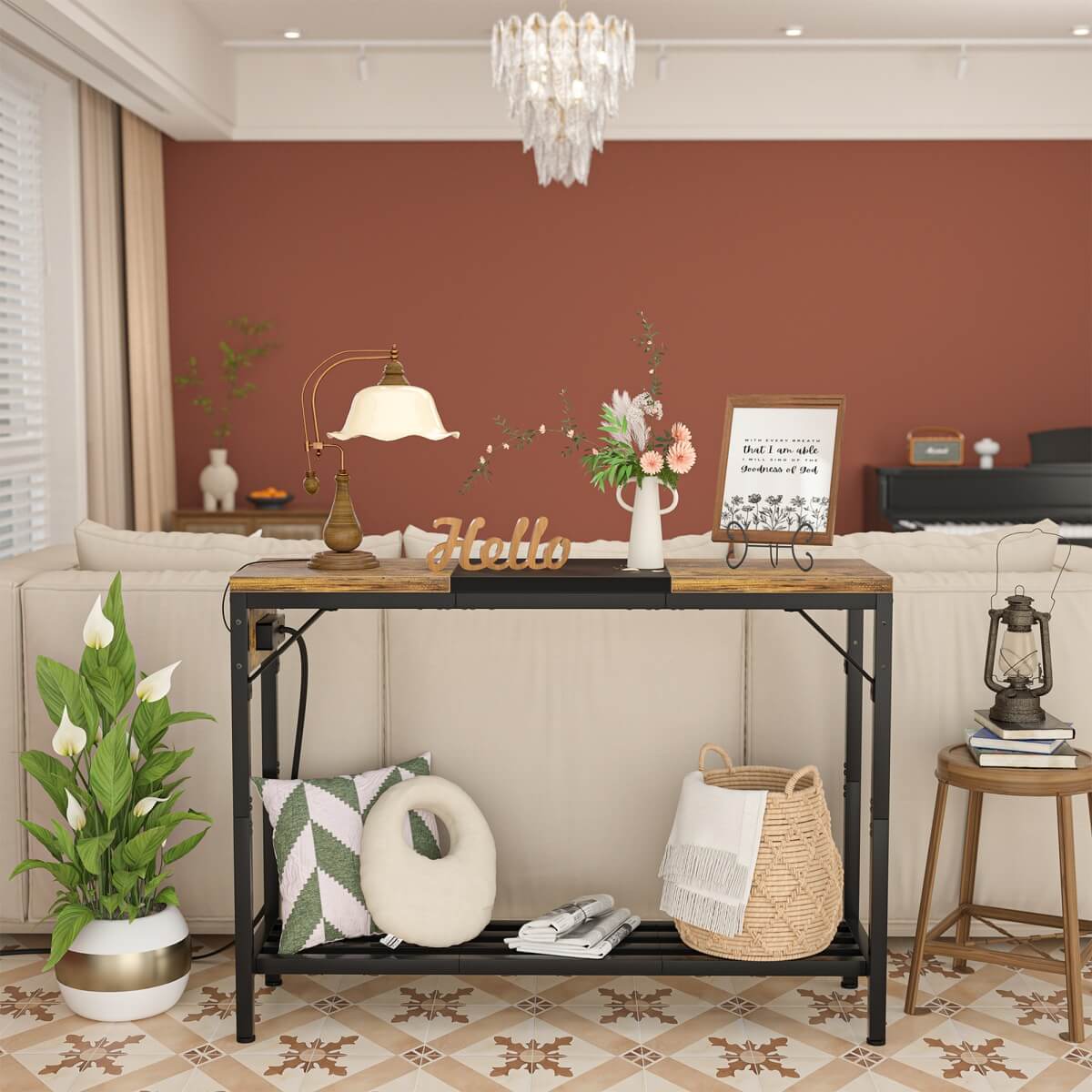 39" Narrow Console Table with Power Strip and Shelf