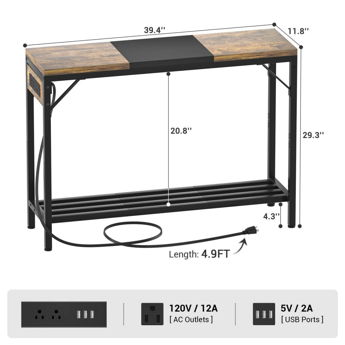 39" Narrow Console Table with Power Strip and Shelf
