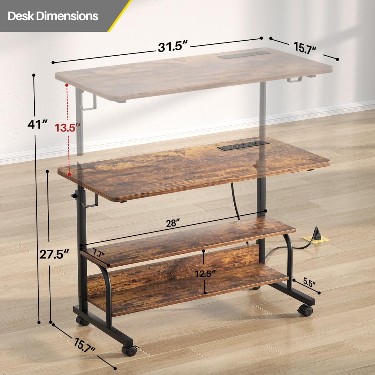 32" Height Adjustable Standing Desk with Power Outlets and Shelves